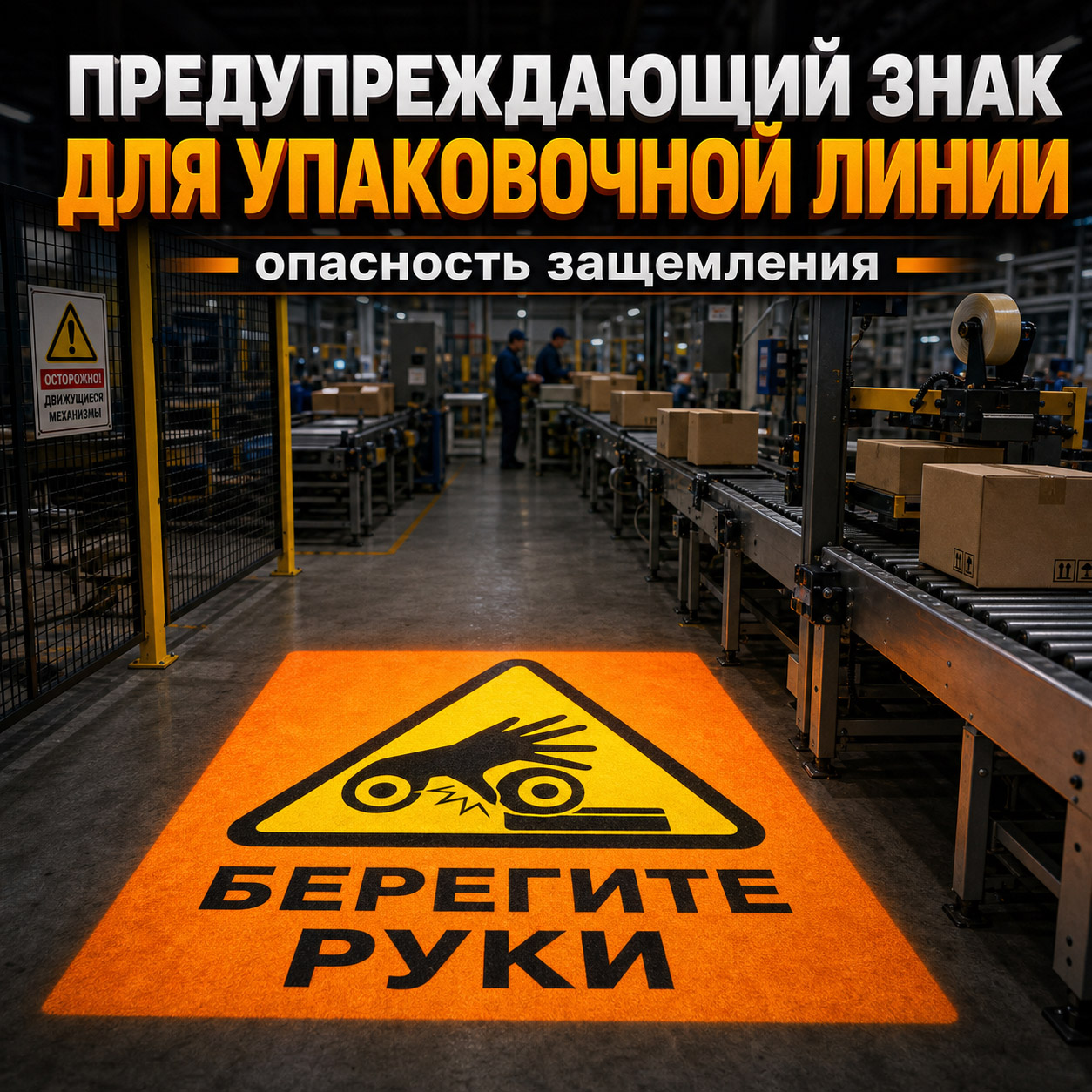 Проектор световой разметки для упаковочных линий | Предупреждение об опасности защемления рук