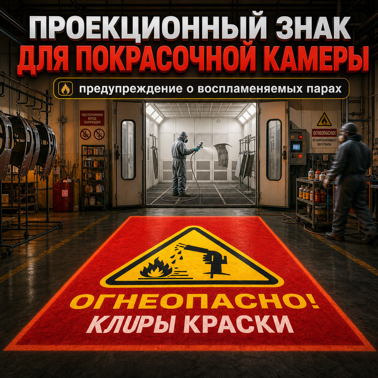 Проекционный знак для покрасочных камер | Предупреждение об огнеопасных парах краски