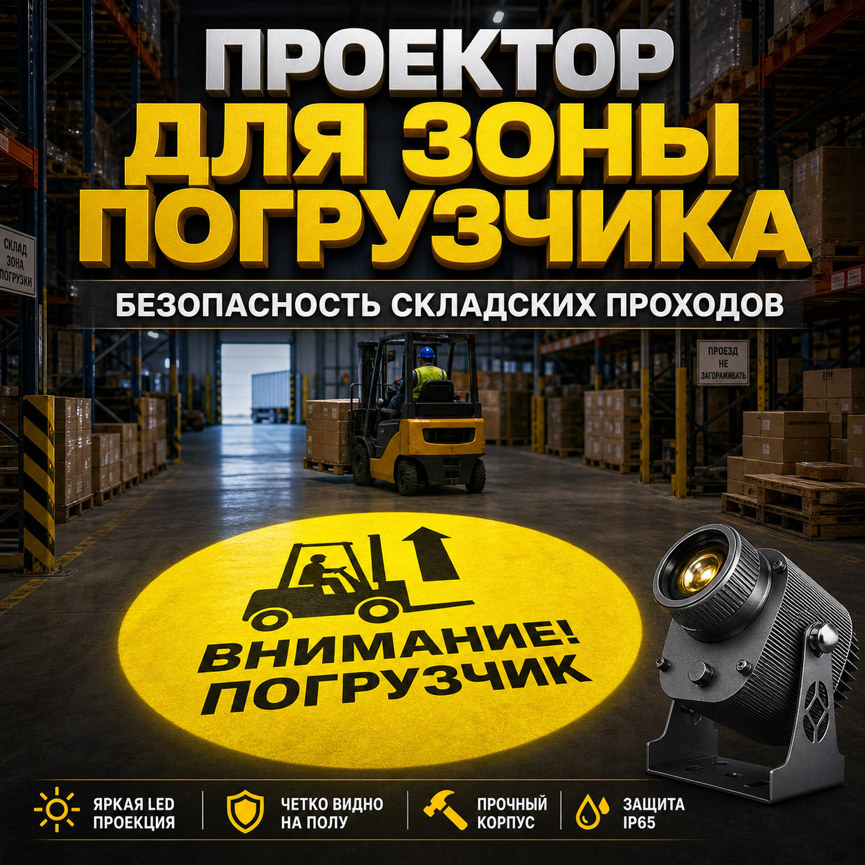 Проектор световой разметки для зоны погрузчика | Безопасность складских проходов «Внимание! Погрузчик»
