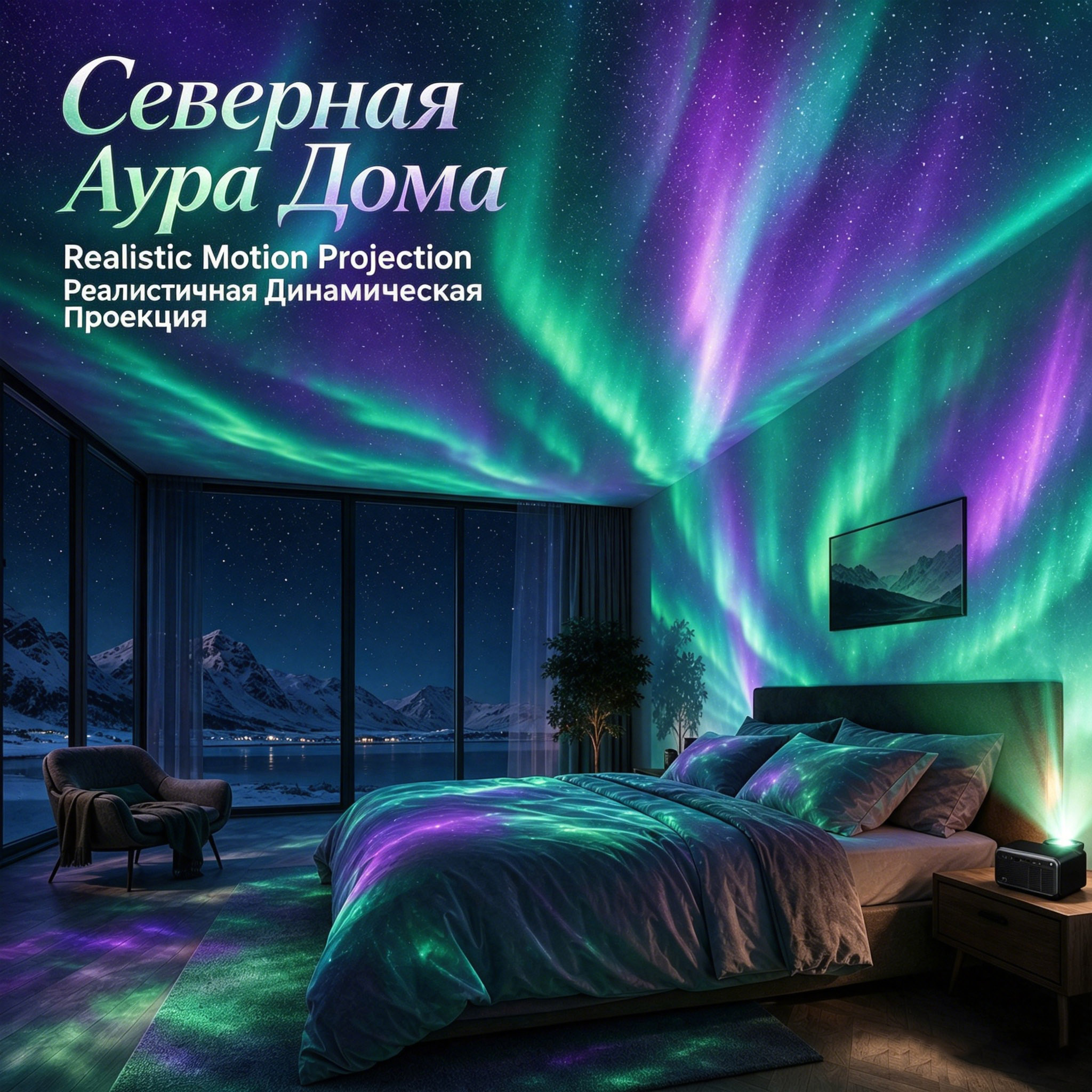 Проектор динамической северной ауры «Северная Аура» | Реалистичная крупноформатная проекция полярного сияния для коммерческих пространств