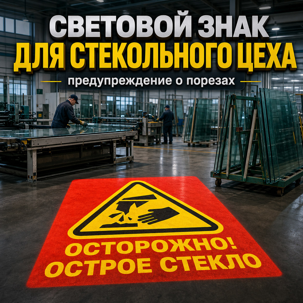 Проекционный световой знак для стекольного цеха | Предупреждение «Осторожно! Острое стекло» для предотвращения порезов