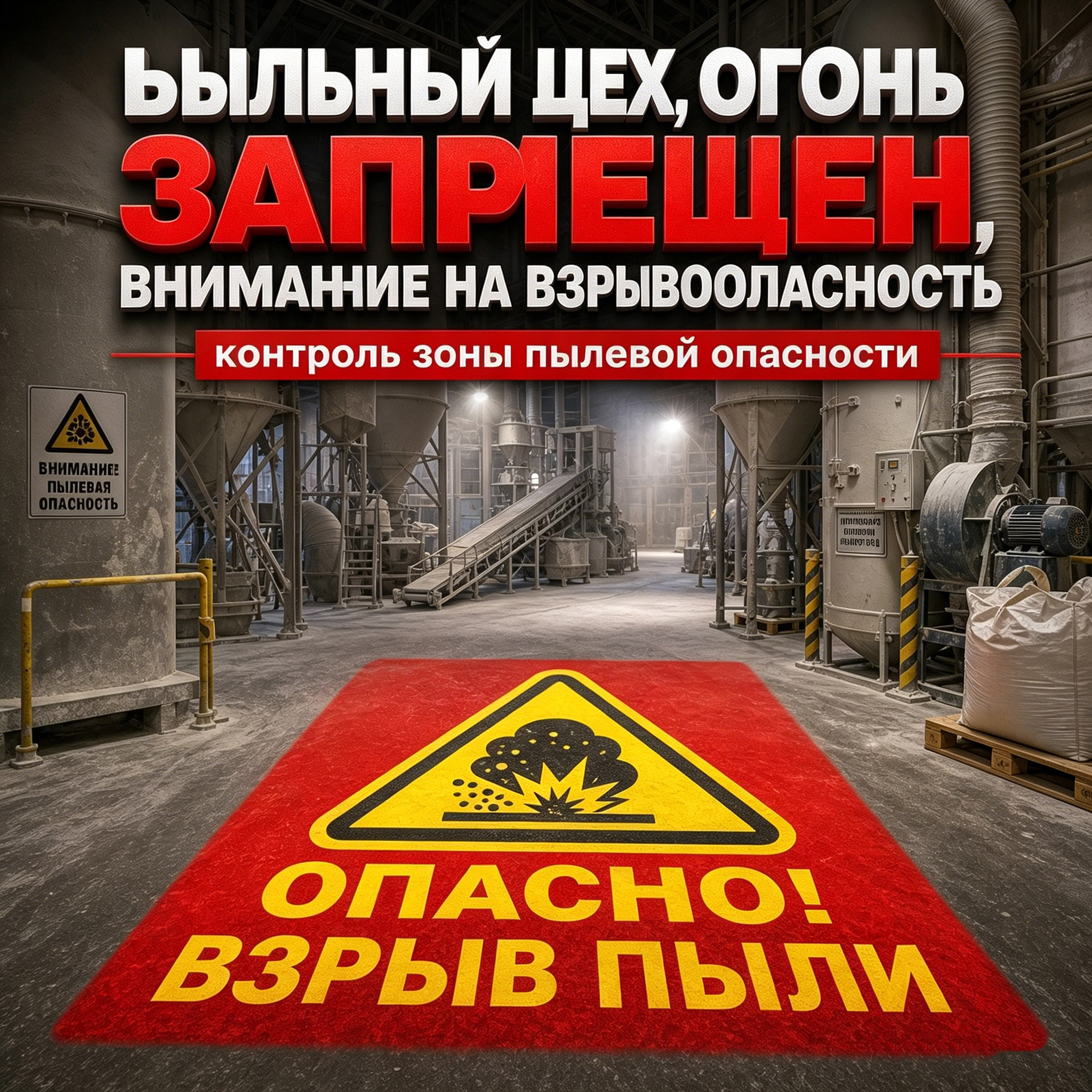 Проекционный знак для пылевзрывоопасного цеха | Предупреждение «Опасно! Взрыв пыли» для контроля зон пылевой опасности